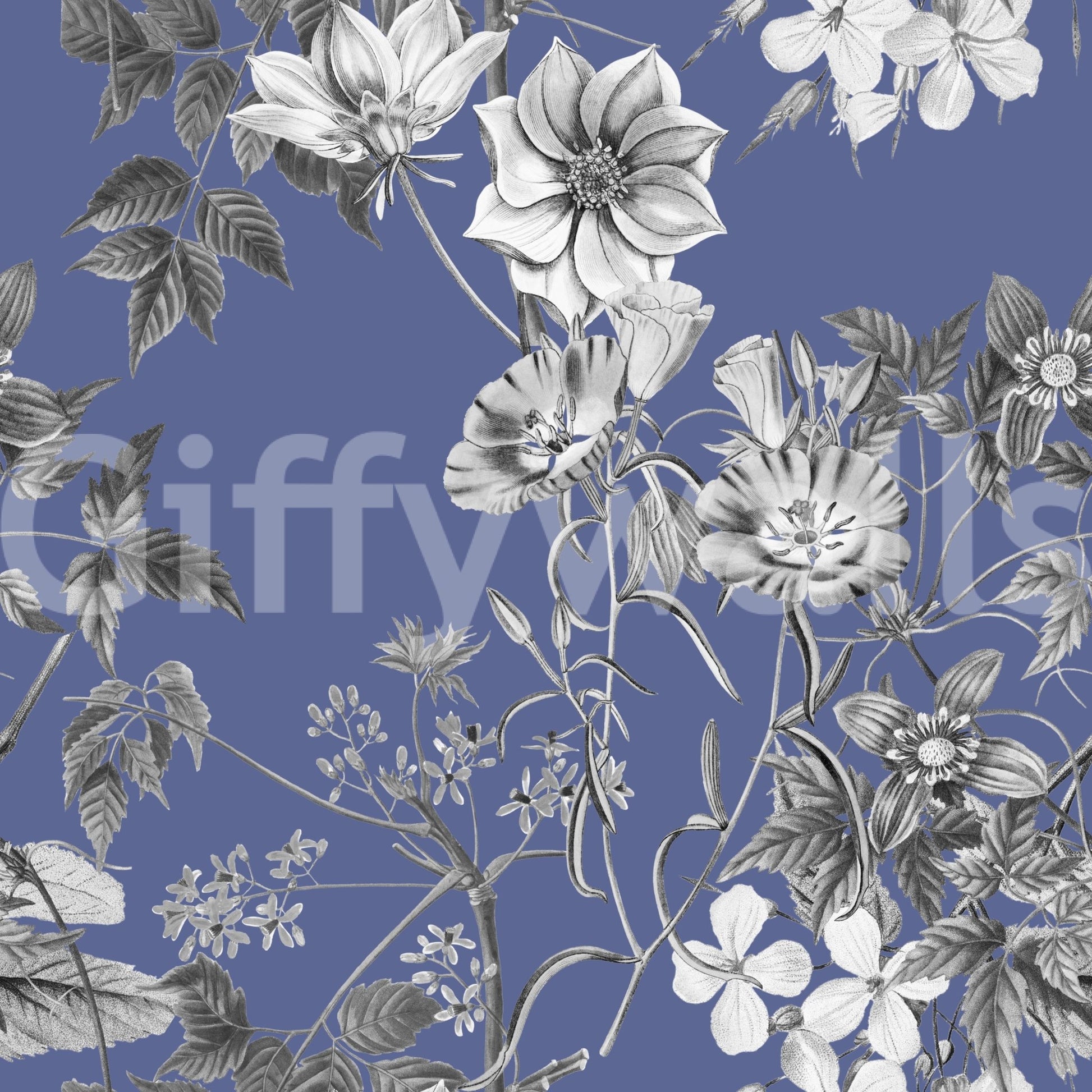 Vintage botanical wallpaper with soft blue ground and pale floral outlines