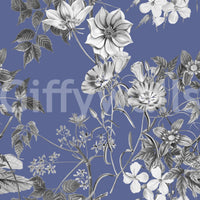 Vintage botanical wallpaper with soft blue ground and pale floral outlines