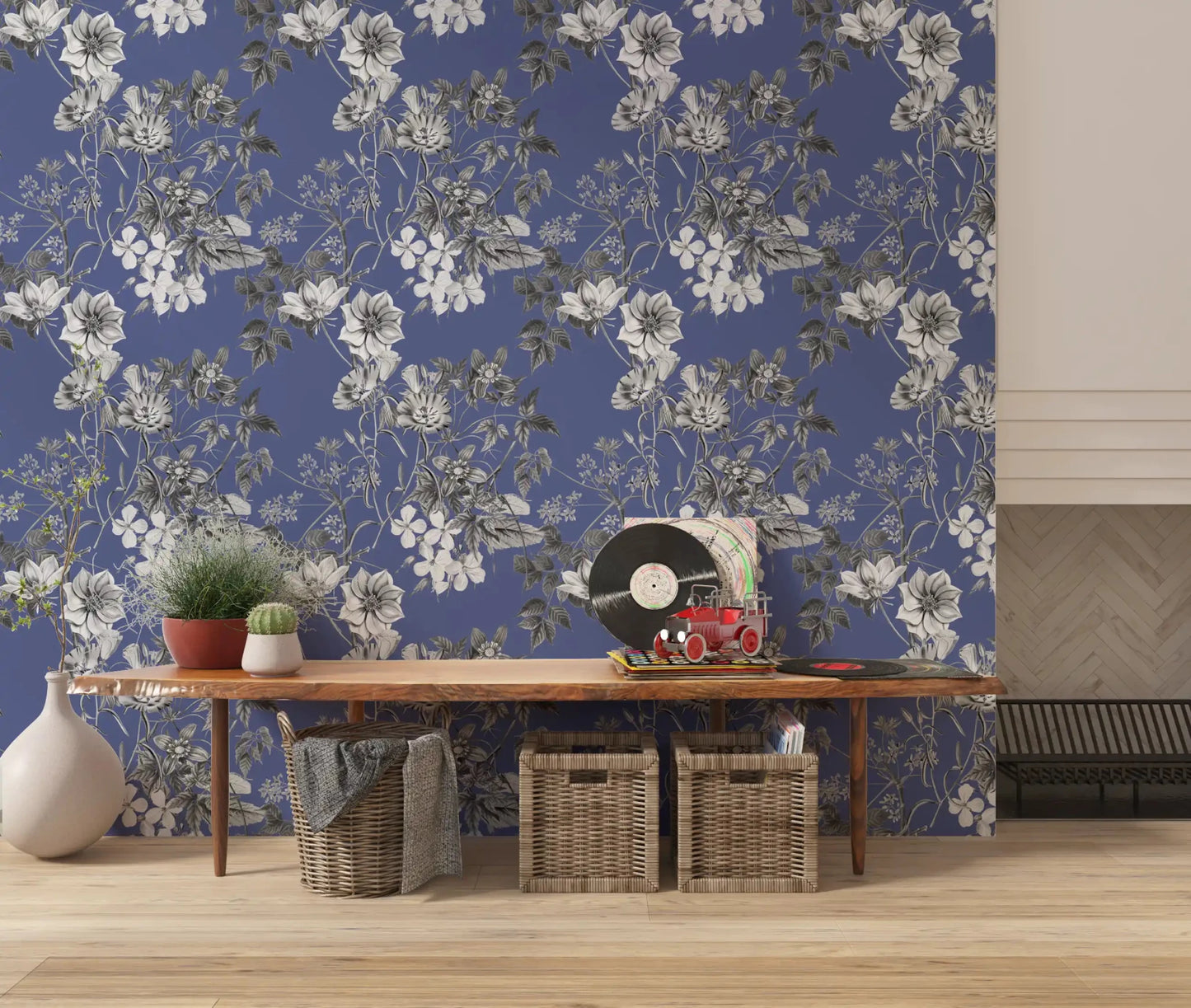 Hallway with Botanical Sketch of the Vinca wallpaper in soft blue floral style