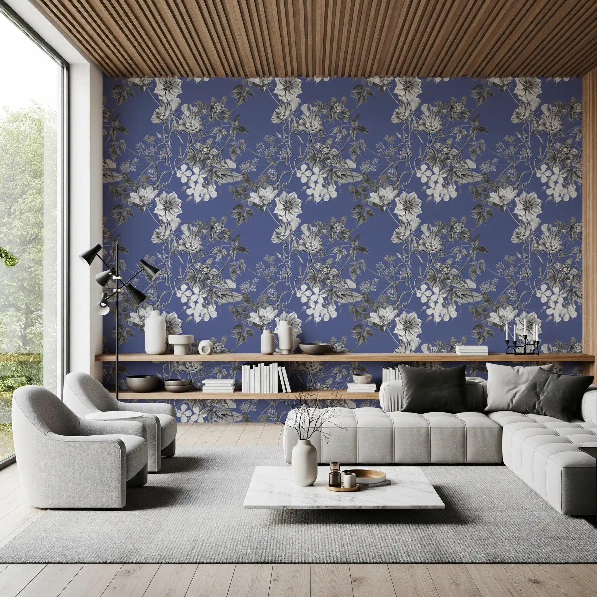 Living room styled in Botanical Sketch of the Vinca wallpaper with pale blooms