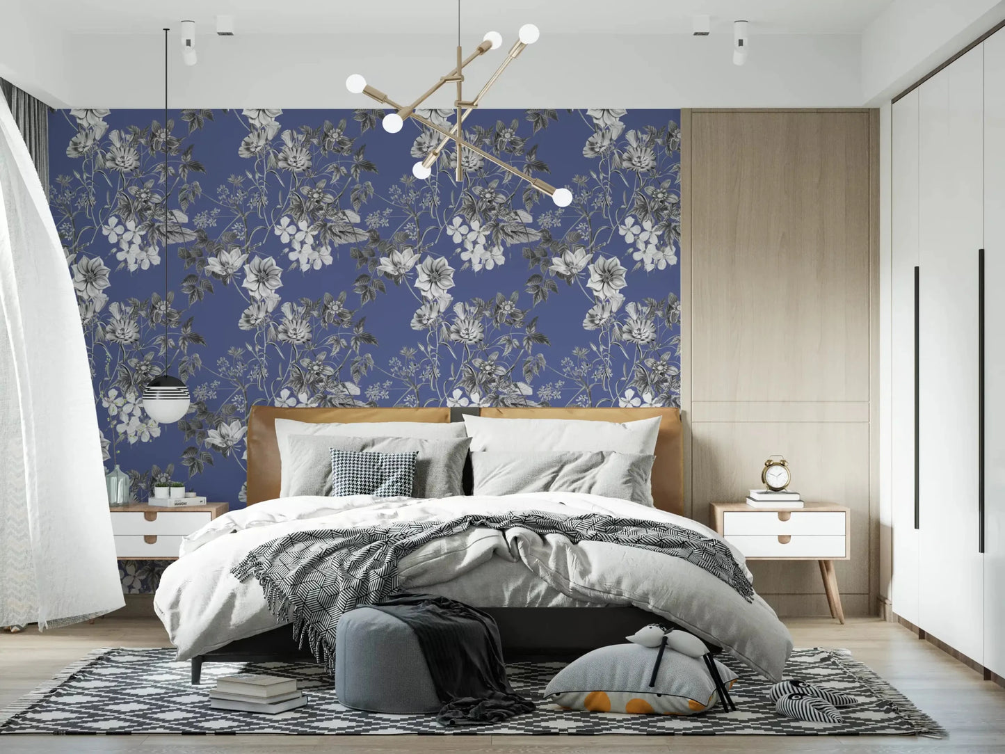 Botanical print wallpaper with pale floral forms on a dusty blue background