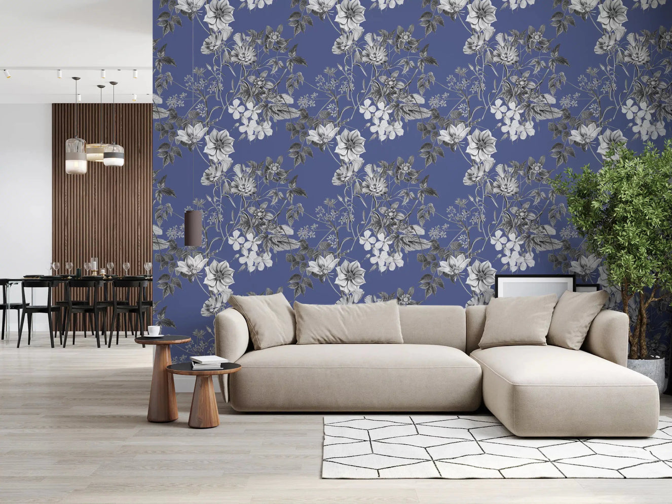 Blue botanical wallpaper with pale flowers and detailed vine linework