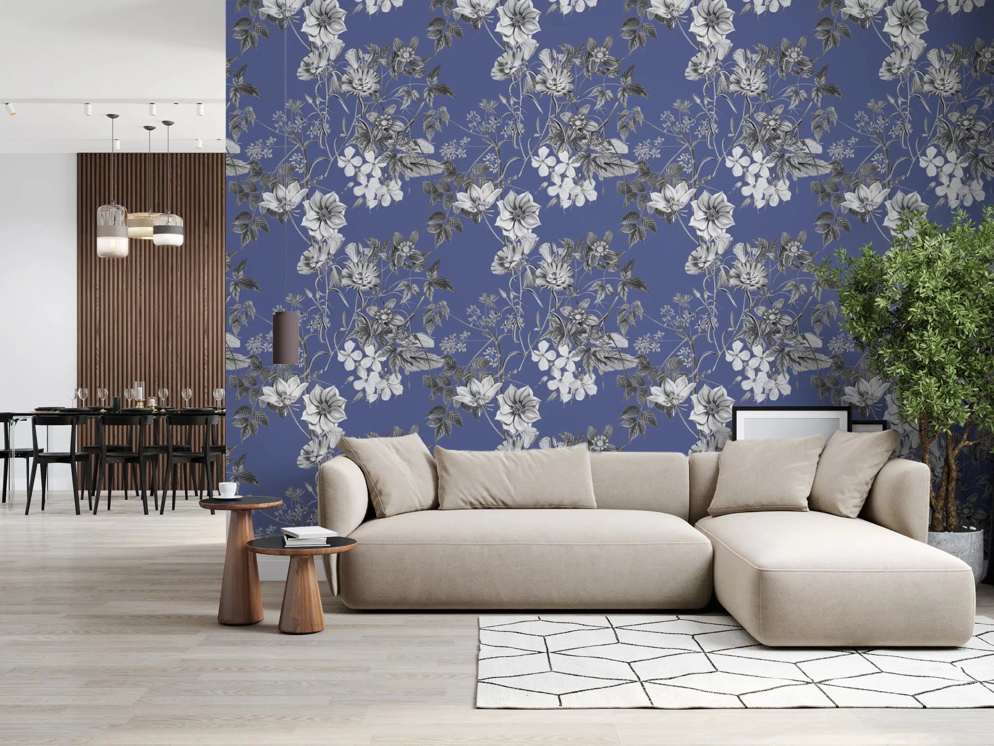 Blue botanical wallpaper with pale flowers and detailed vine linework, GD9362