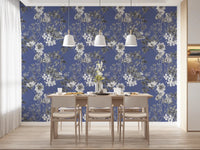Floral sketch wallpaper in soft blue and white with classic botanical character
