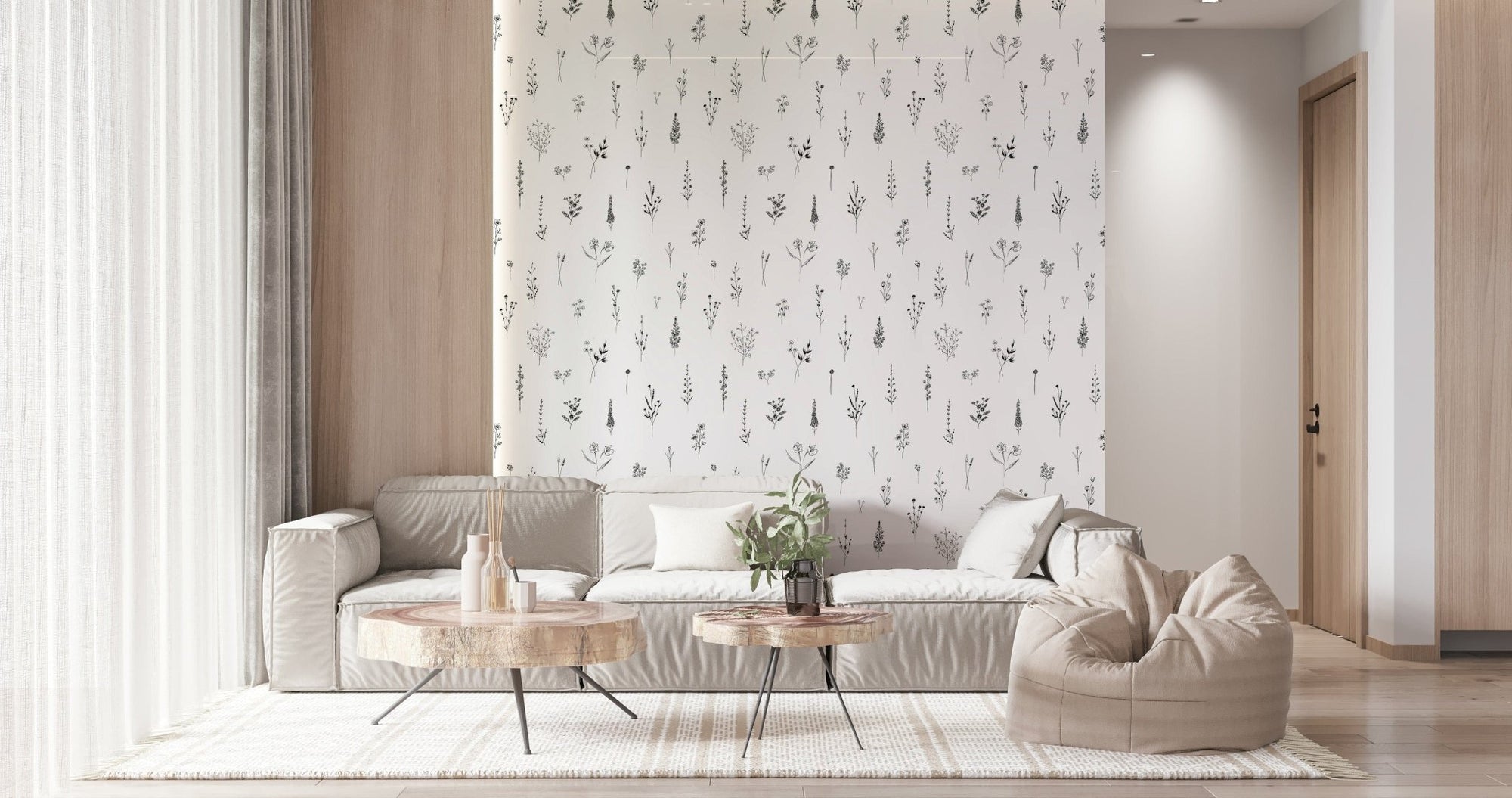 Botanical Sketch Wallpaper, Doodled Delicate Meadow Mural, GD6596