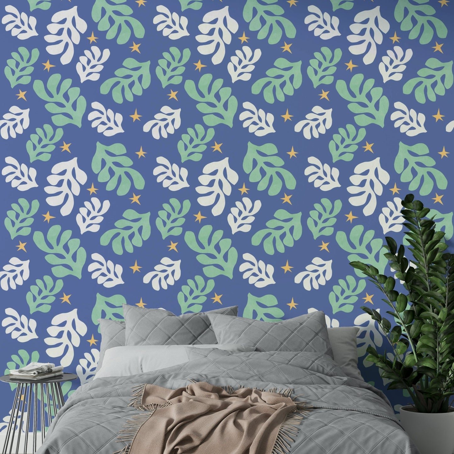 The image shows an artistic impression of a serene botanical scene with a starry night sky.

