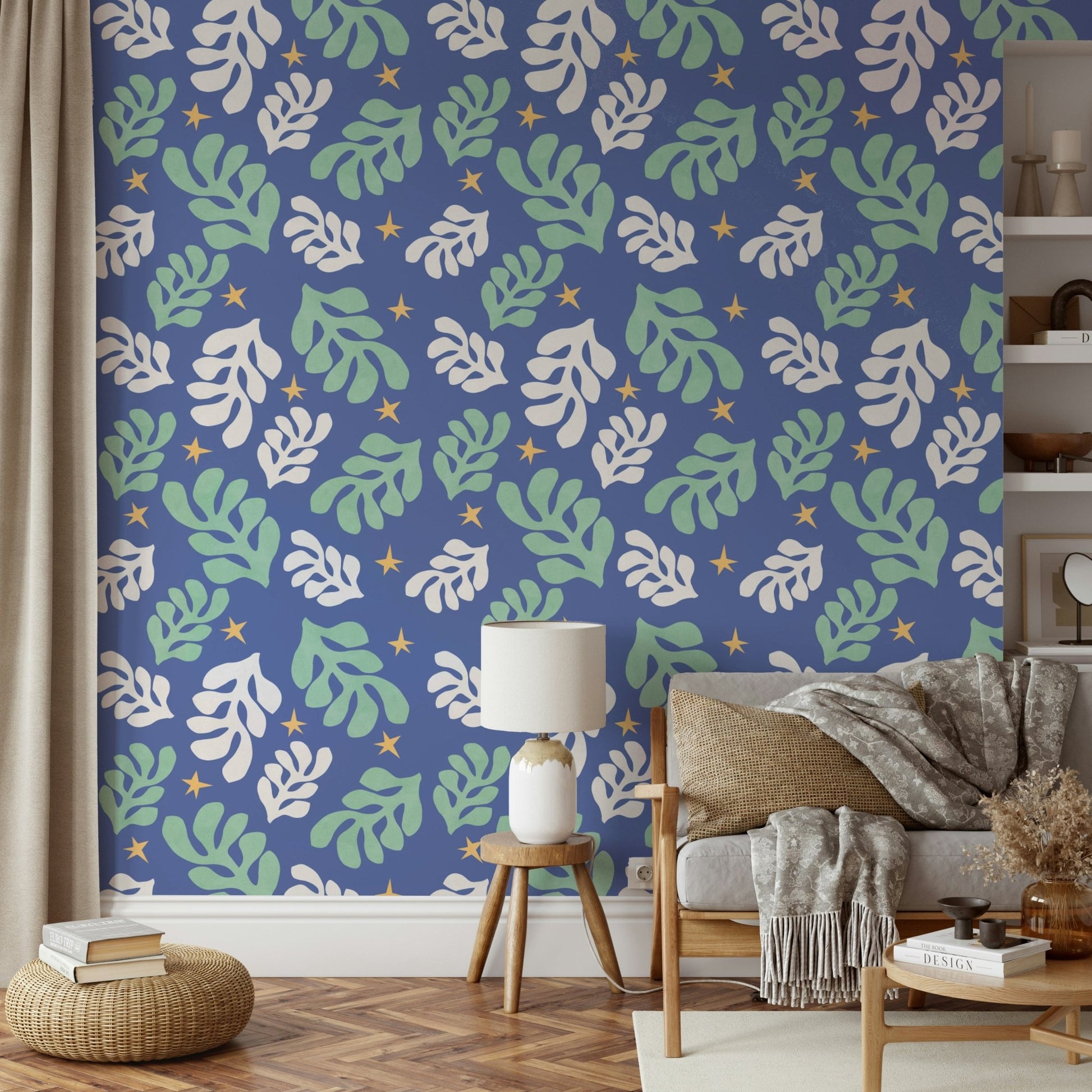 A wall mural of a peaceful botanical pattern.

