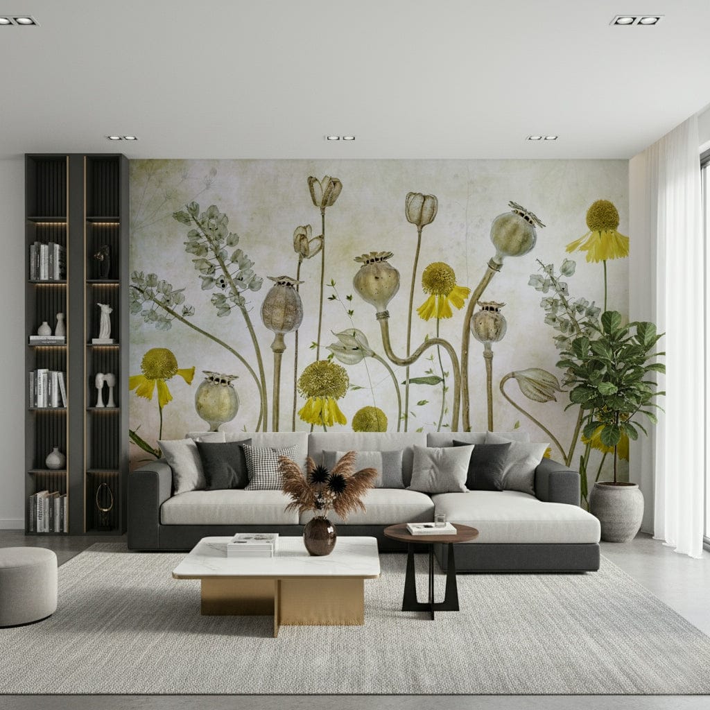 A contemplative floral arrangement wallpaper mural for a feature wall.