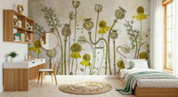 An artistic delicate bloom mural on minimalist wallpaper.