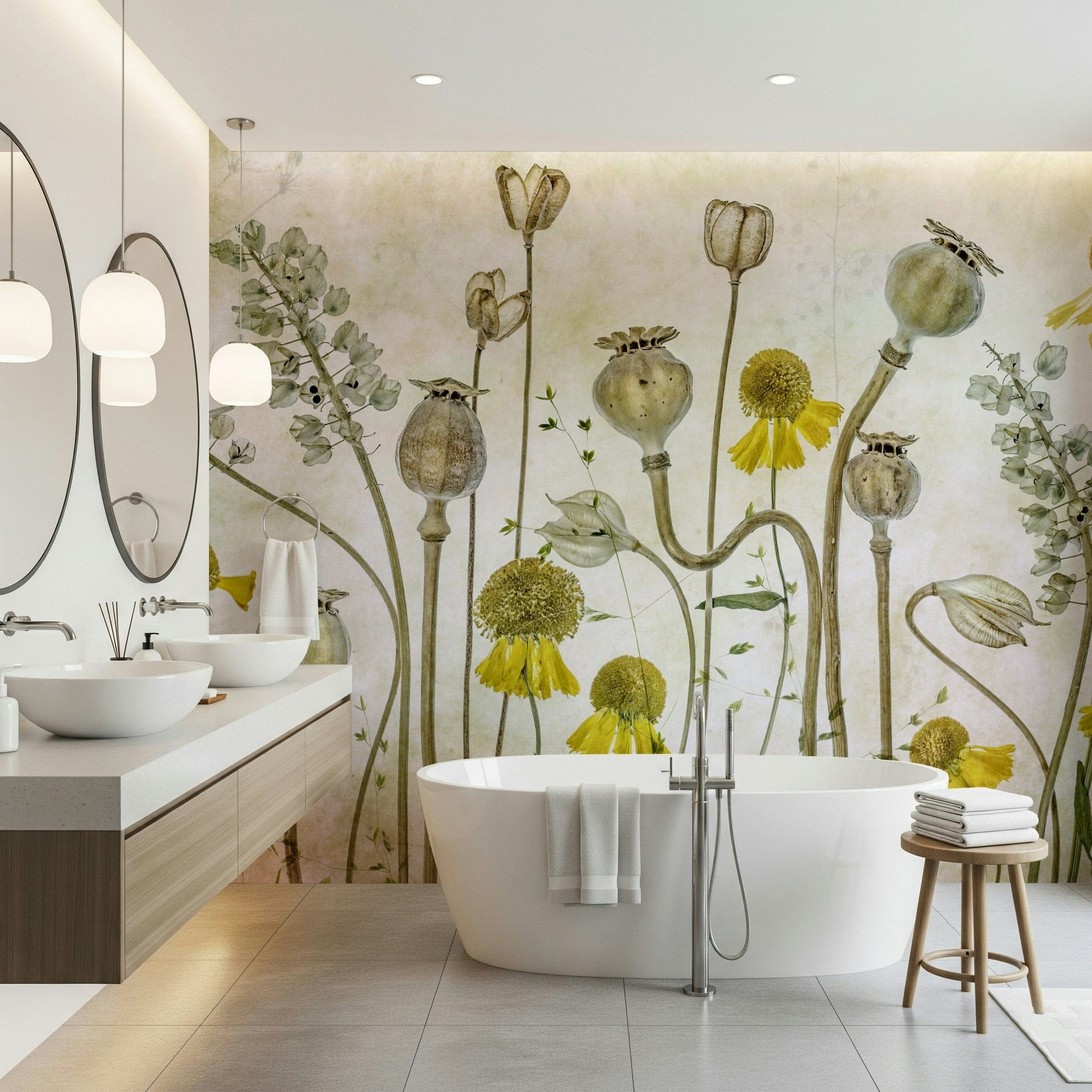 A calming floral design wallpaper mural that defines a space.