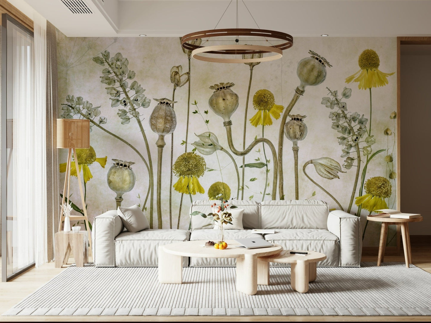 A peaceful flower design mural on decorative wallpaper.