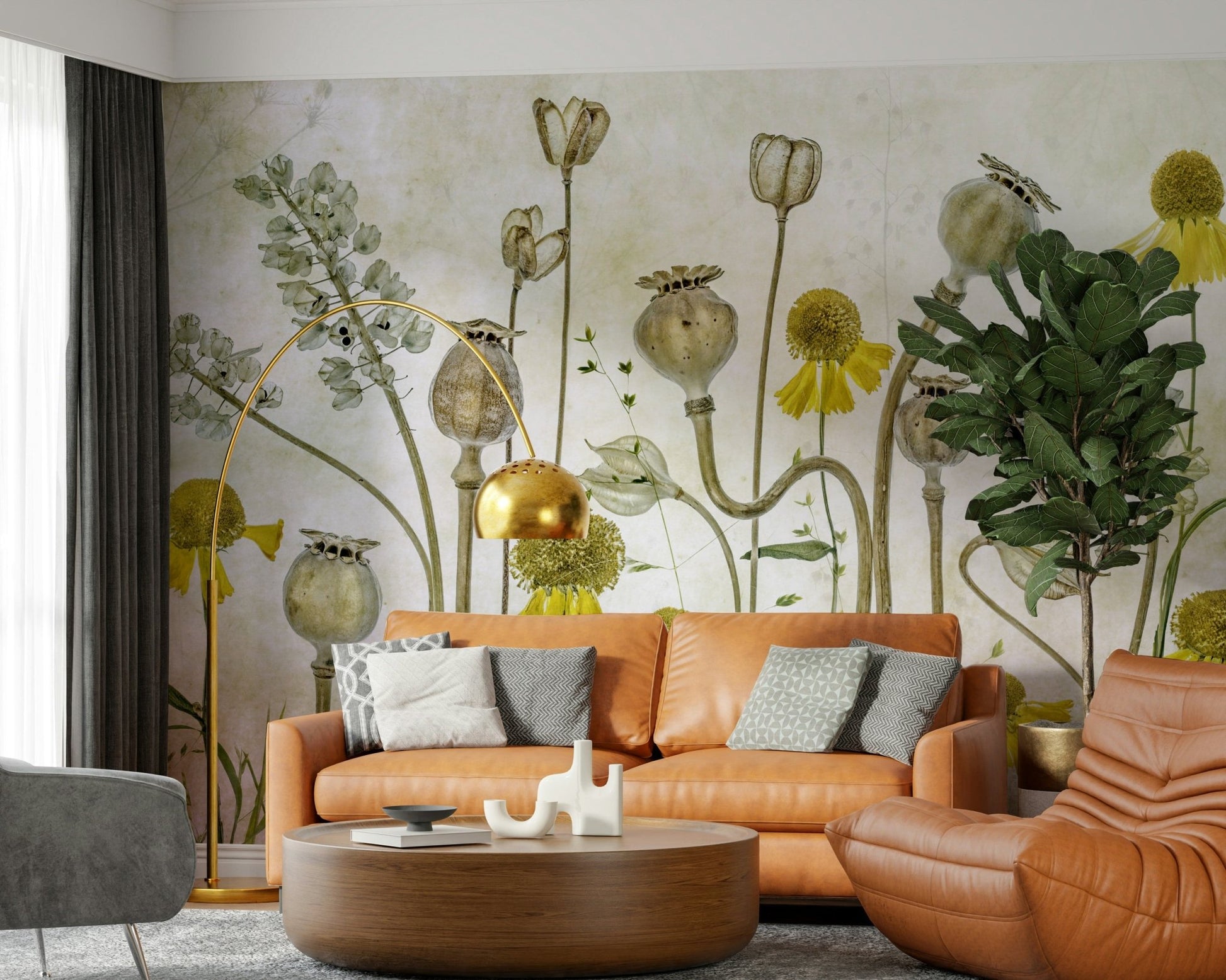 A serene subtle flower wall mural in classic style.
