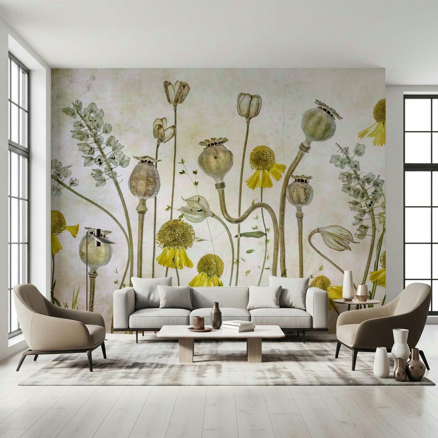 A graceful subtle flower wall mural in rich, dark tones.
