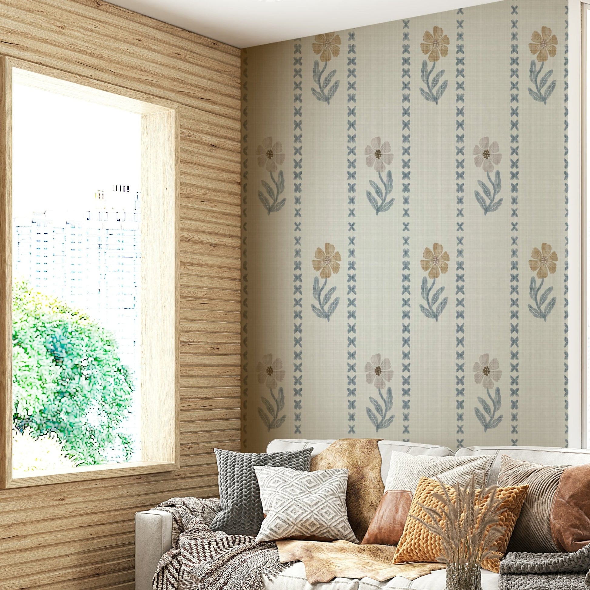 Close-up of botanical stripes wallpaper texture

