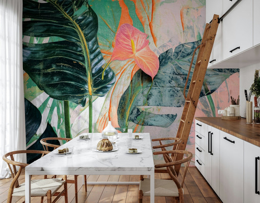 A beautiful botanical brushstroke wallpaper mural for a modern home.