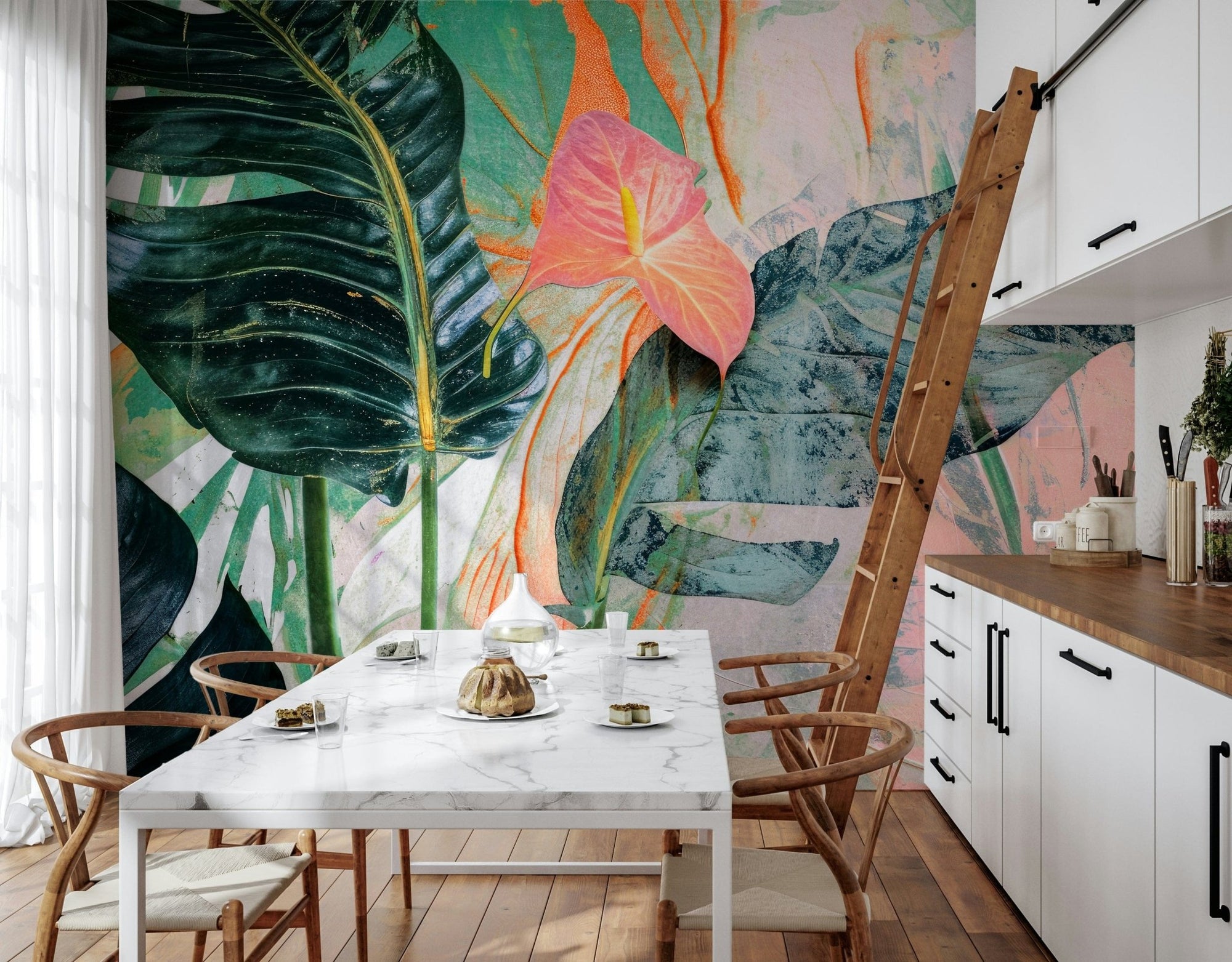 A beautiful botanical brushstroke wallpaper mural for a modern home., GD5290