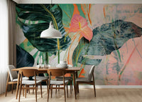 An abstract foliage mural on minimalist wallpaper.