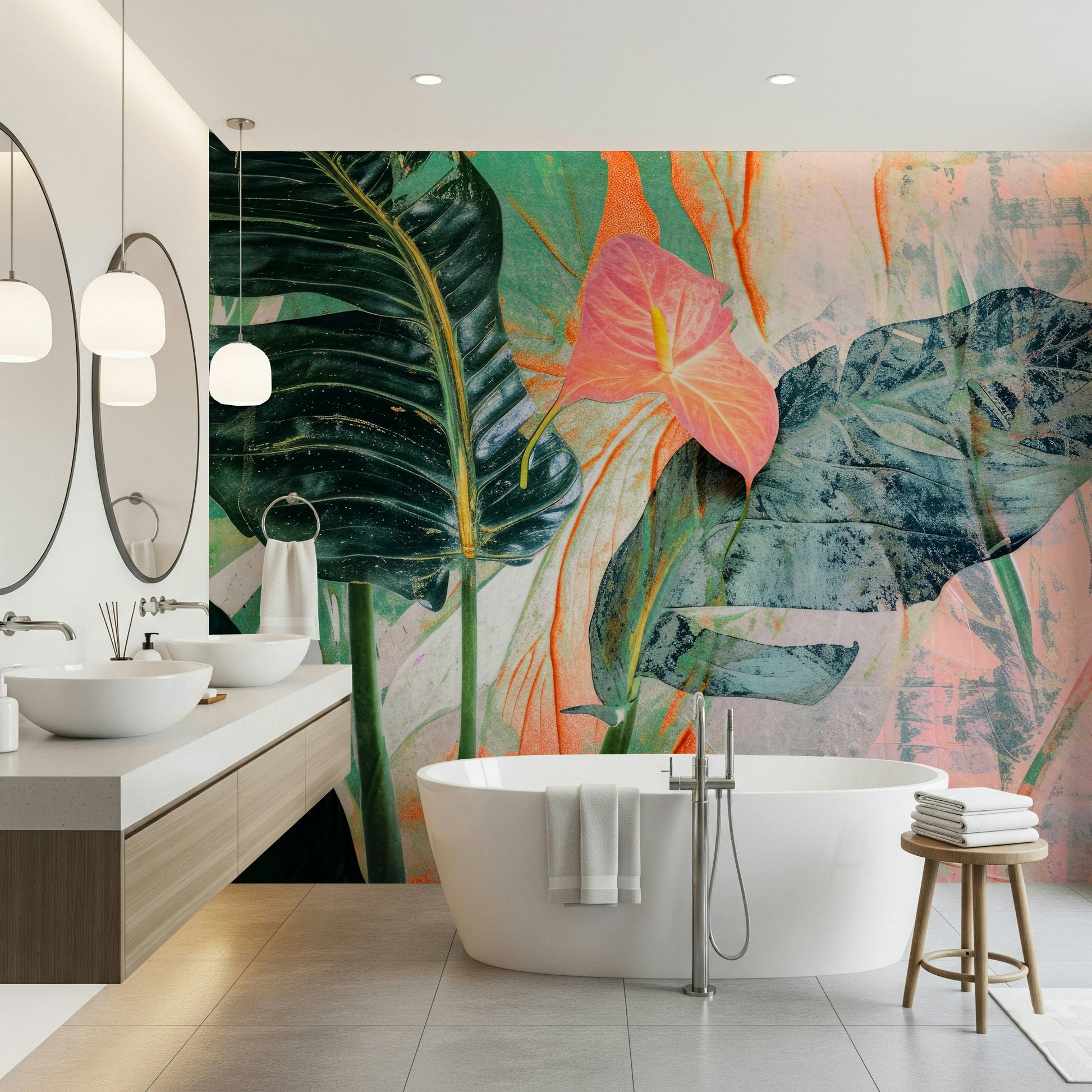 A contemplative leaf design wallpaper mural for a feature wall.