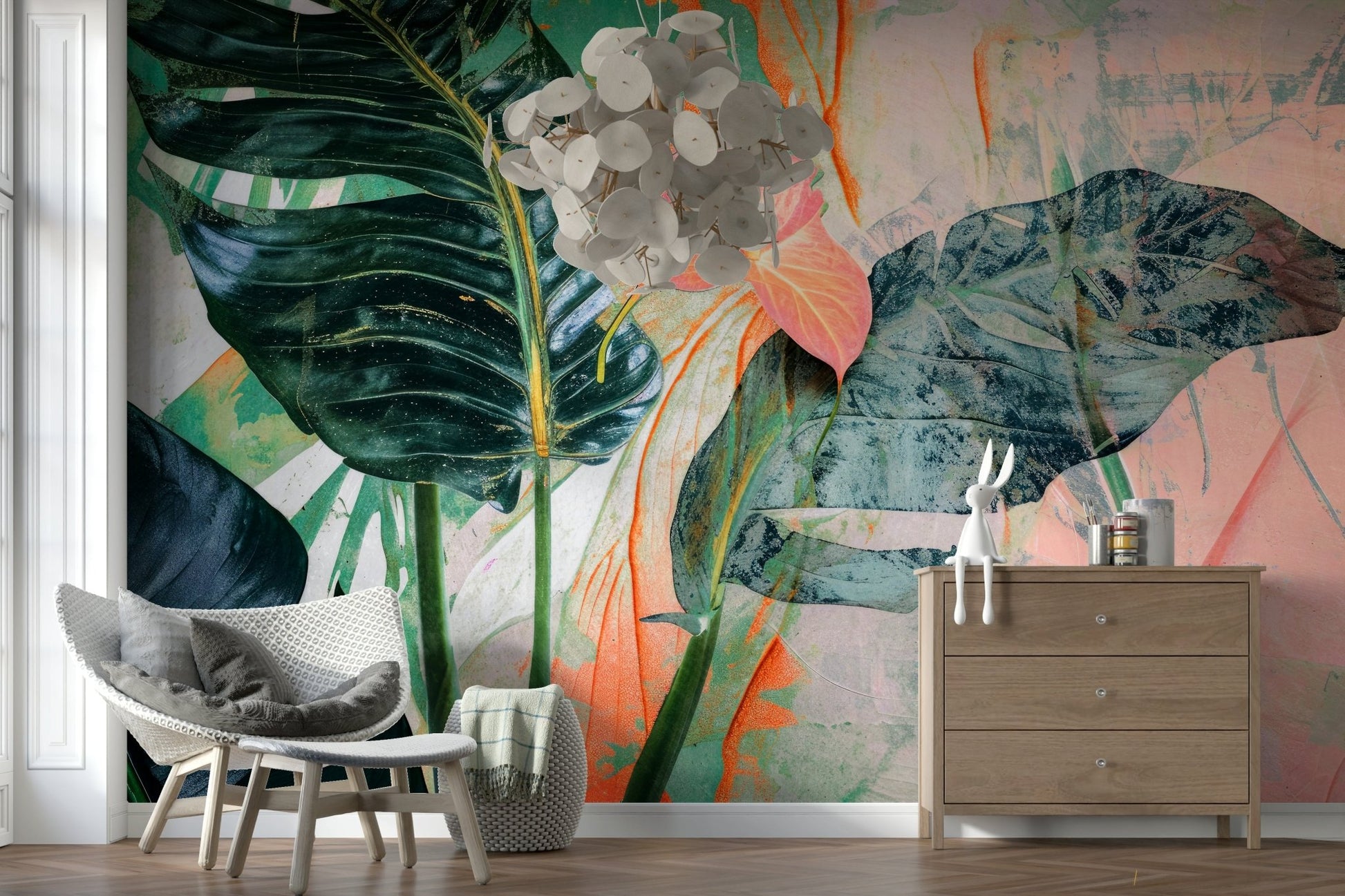 A peaceful botanical pattern mural on decorative wallpaper.