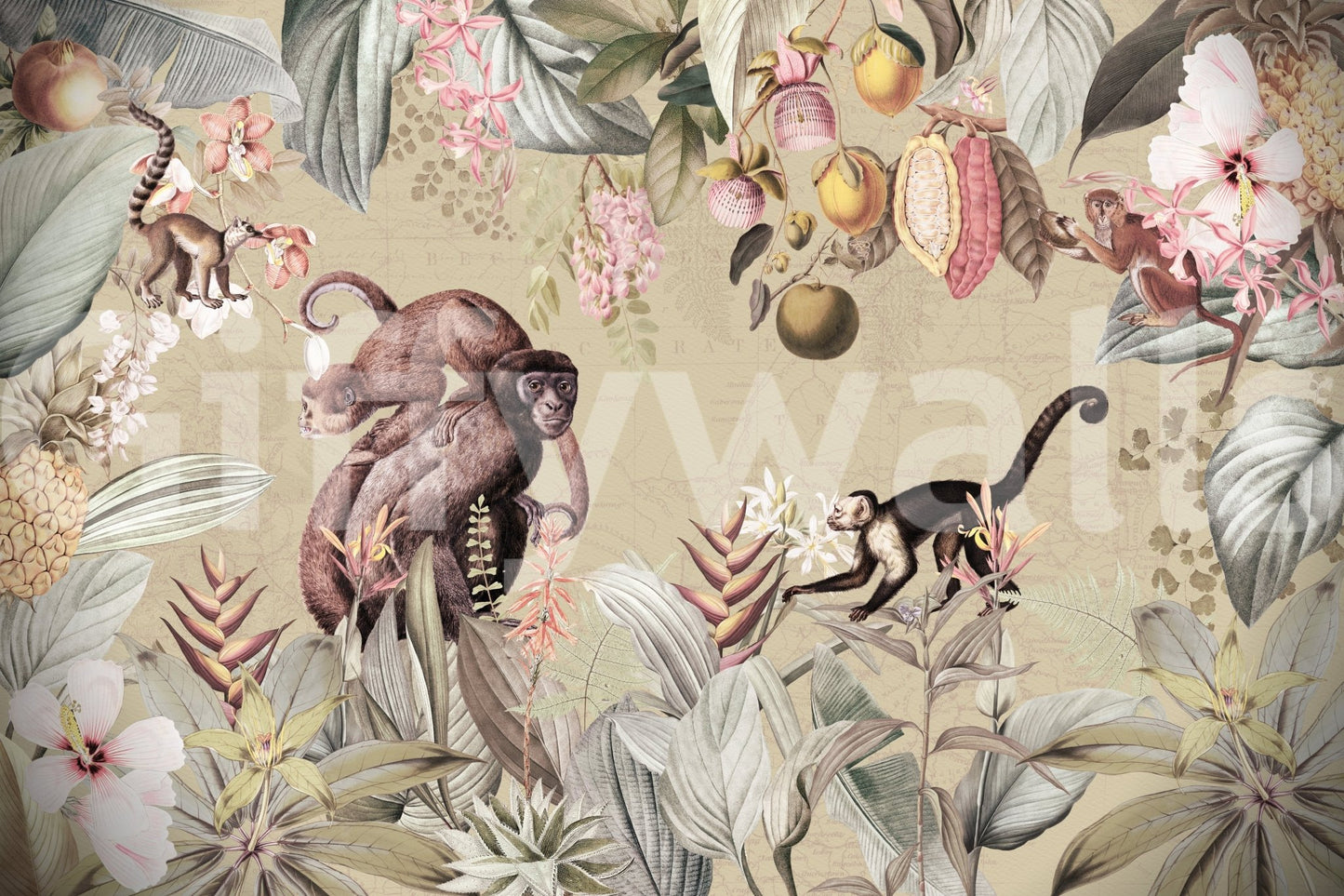 Botanical vintage mural featuring tropical leaf patterns.

