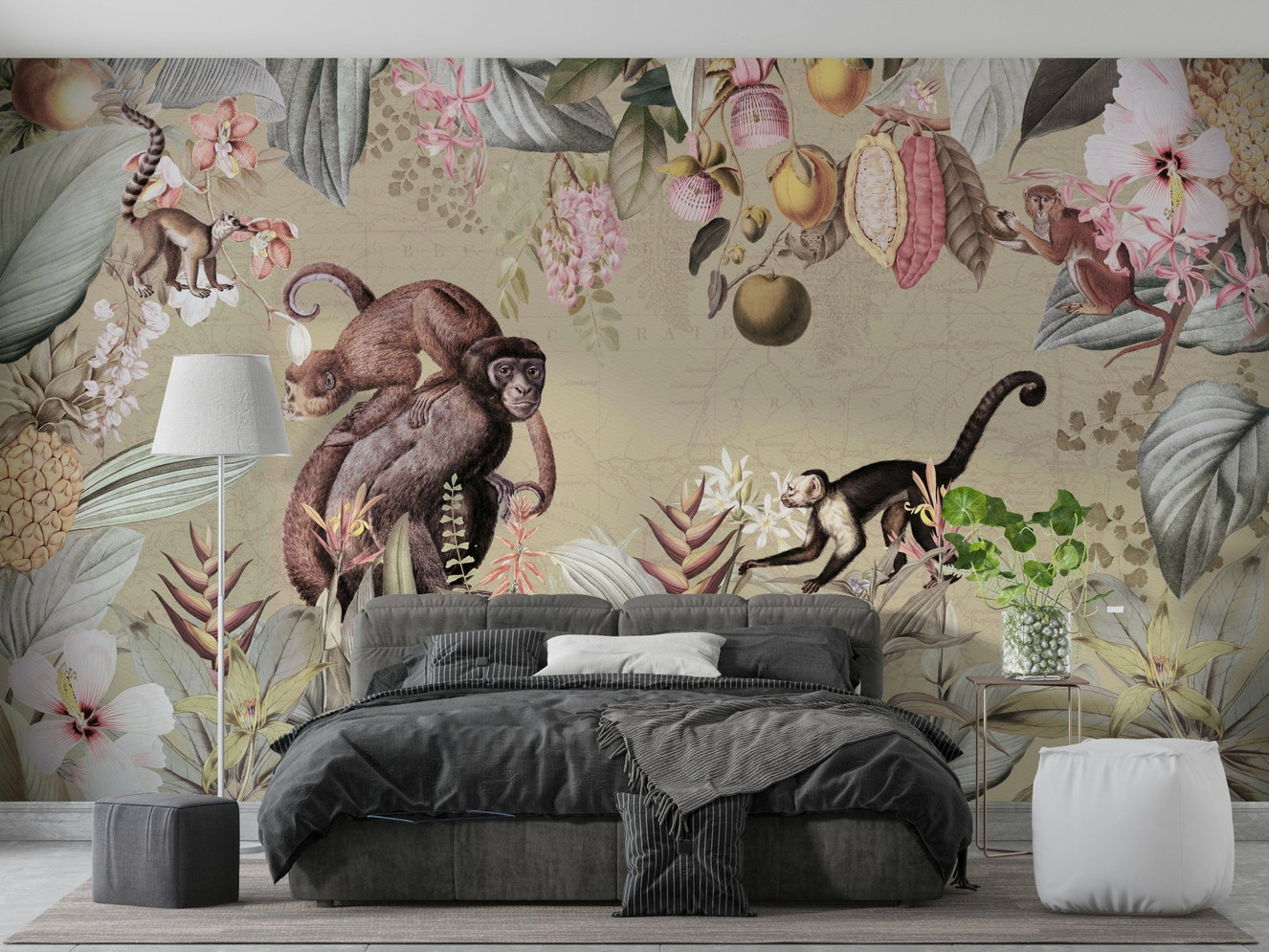 Botanical vintage mural with lush green plants.

