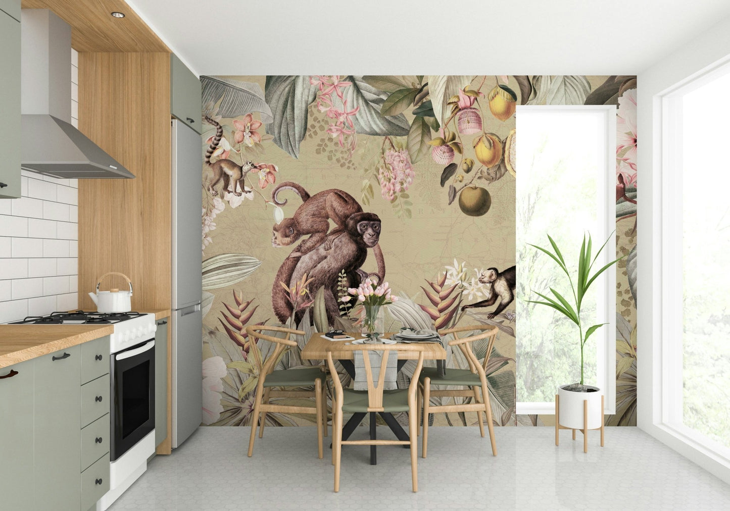 Warm vintage botanical mural with detailed foliage.

