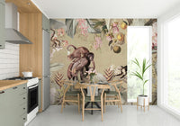 Warm vintage botanical mural with detailed foliage.

