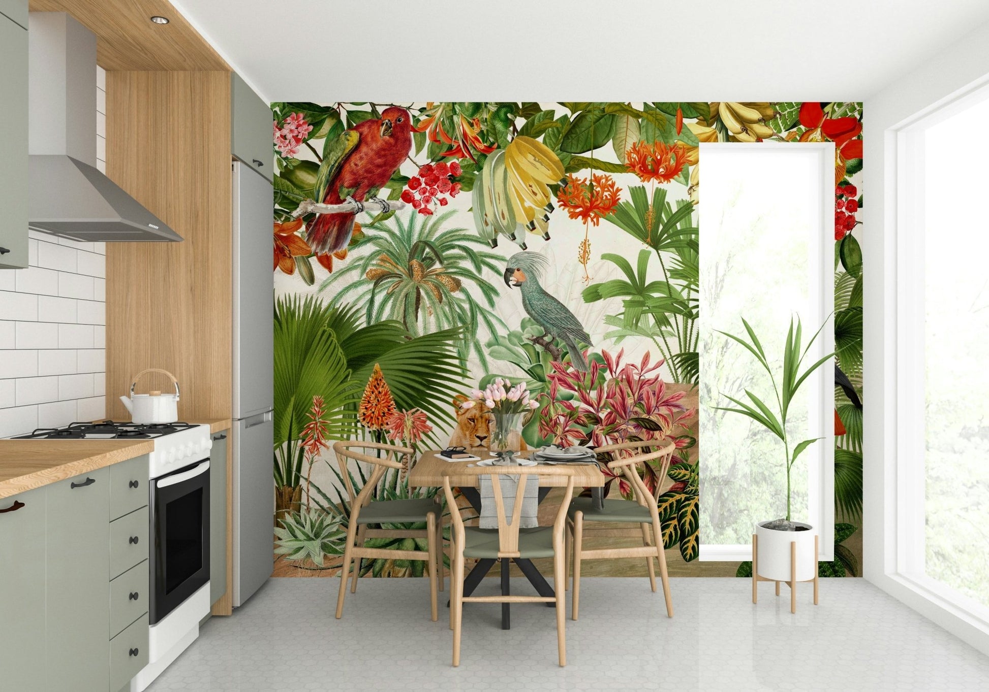 Leafy botanical wall mural in retro vintage style.

