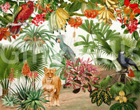 Retro botanical wall mural bringing nature indoors.

