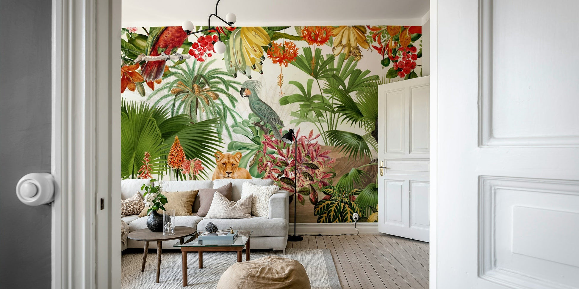 Elegant botanical wallpaper mural in vintage style.

