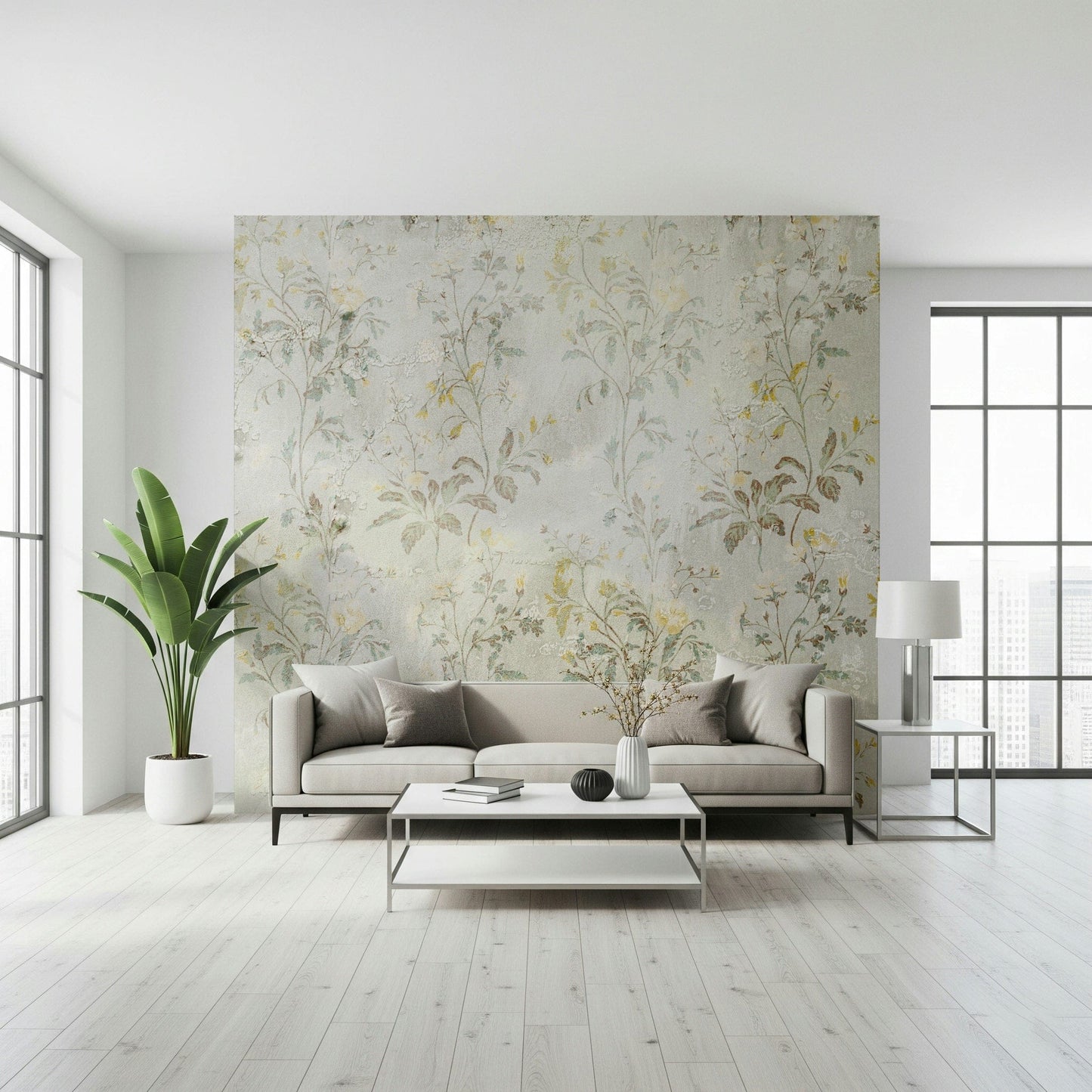 An artistic soft focus floral mural on minimalist wallpaper.