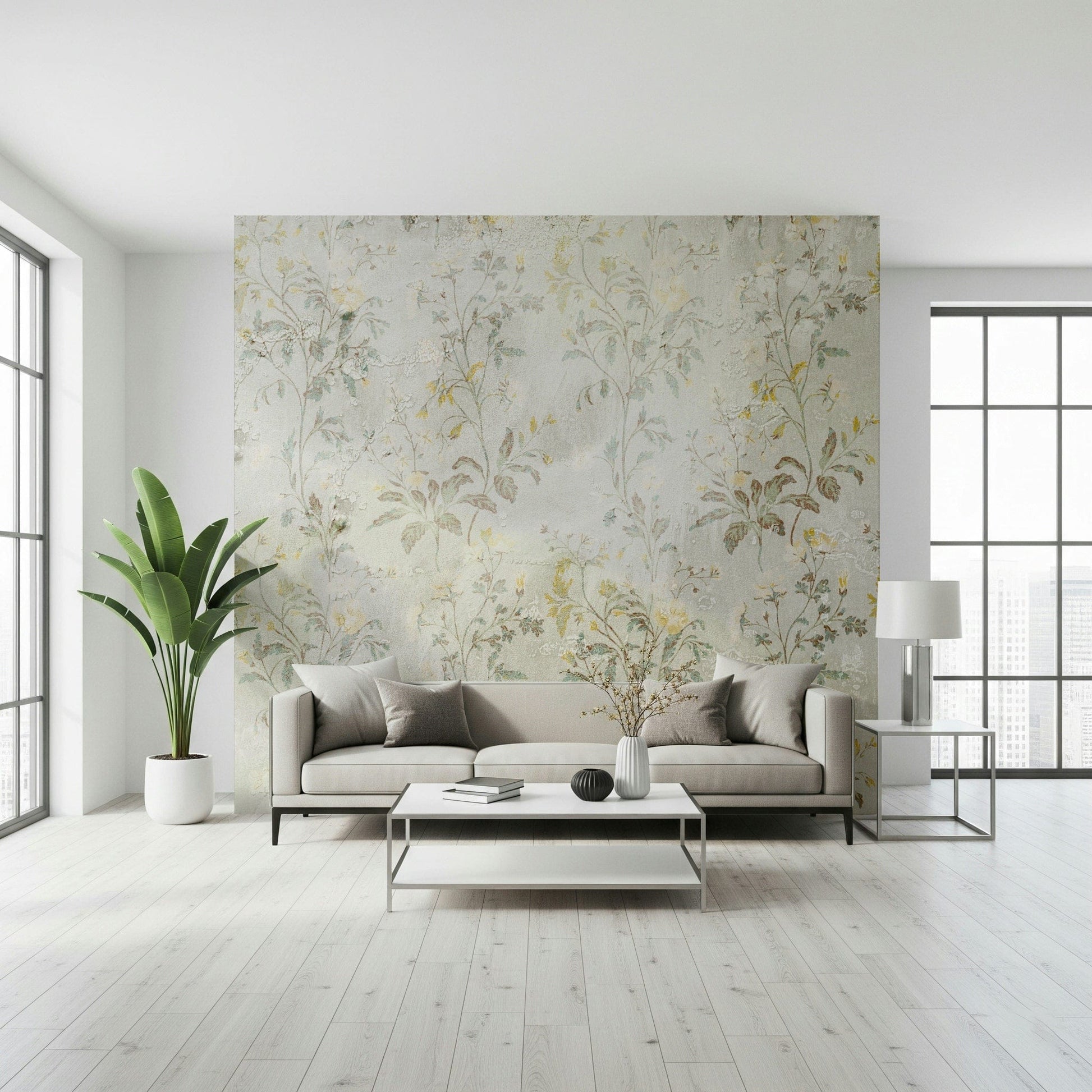 An artistic soft focus floral mural on minimalist wallpaper.