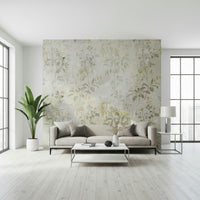 An artistic soft focus floral mural on minimalist wallpaper.