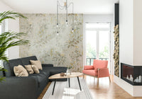 A peaceful modern abstract mural on decorative wallpaper.