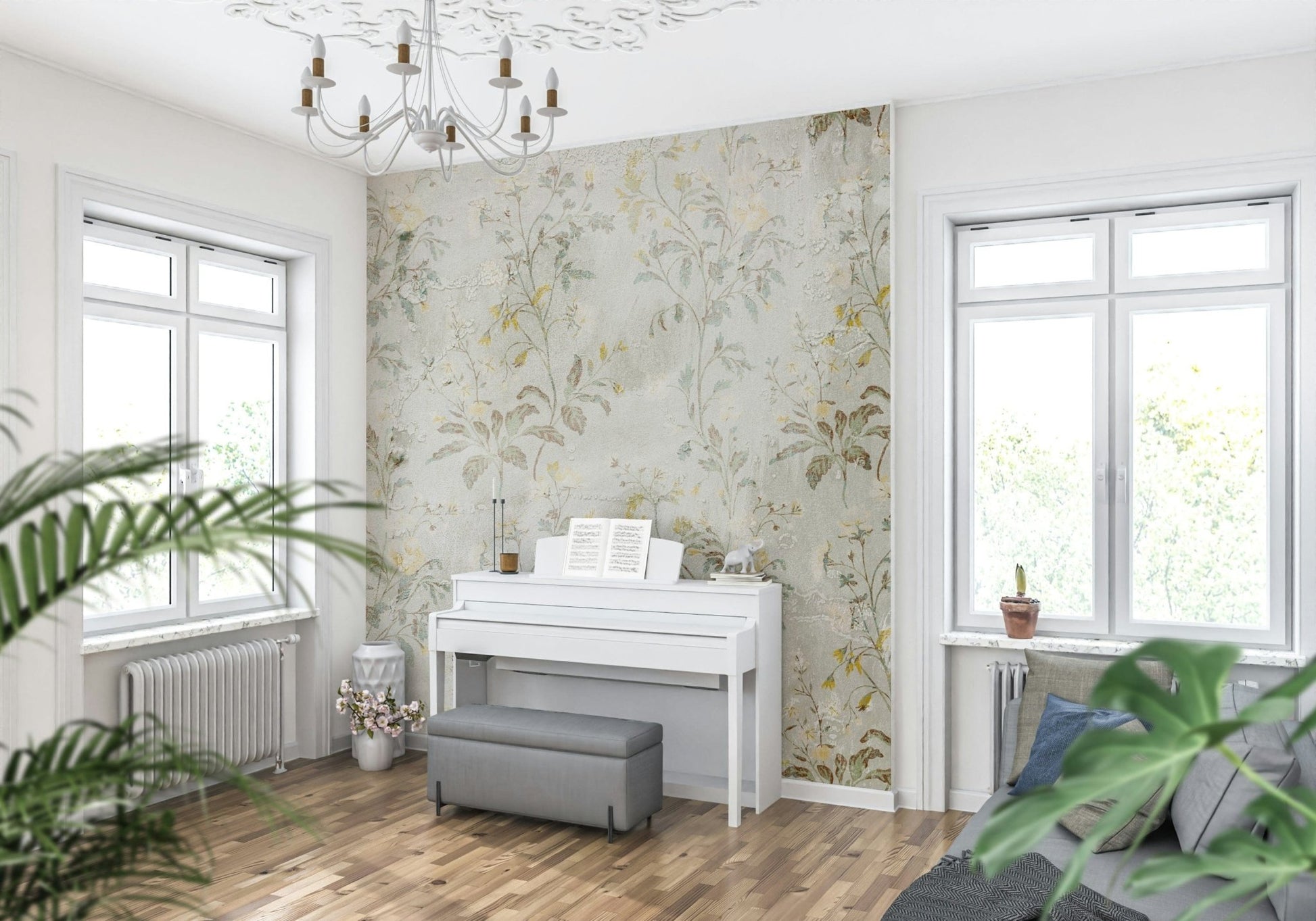A beautiful subtle botanical wallpaper mural with delicate, whispering floral elements.