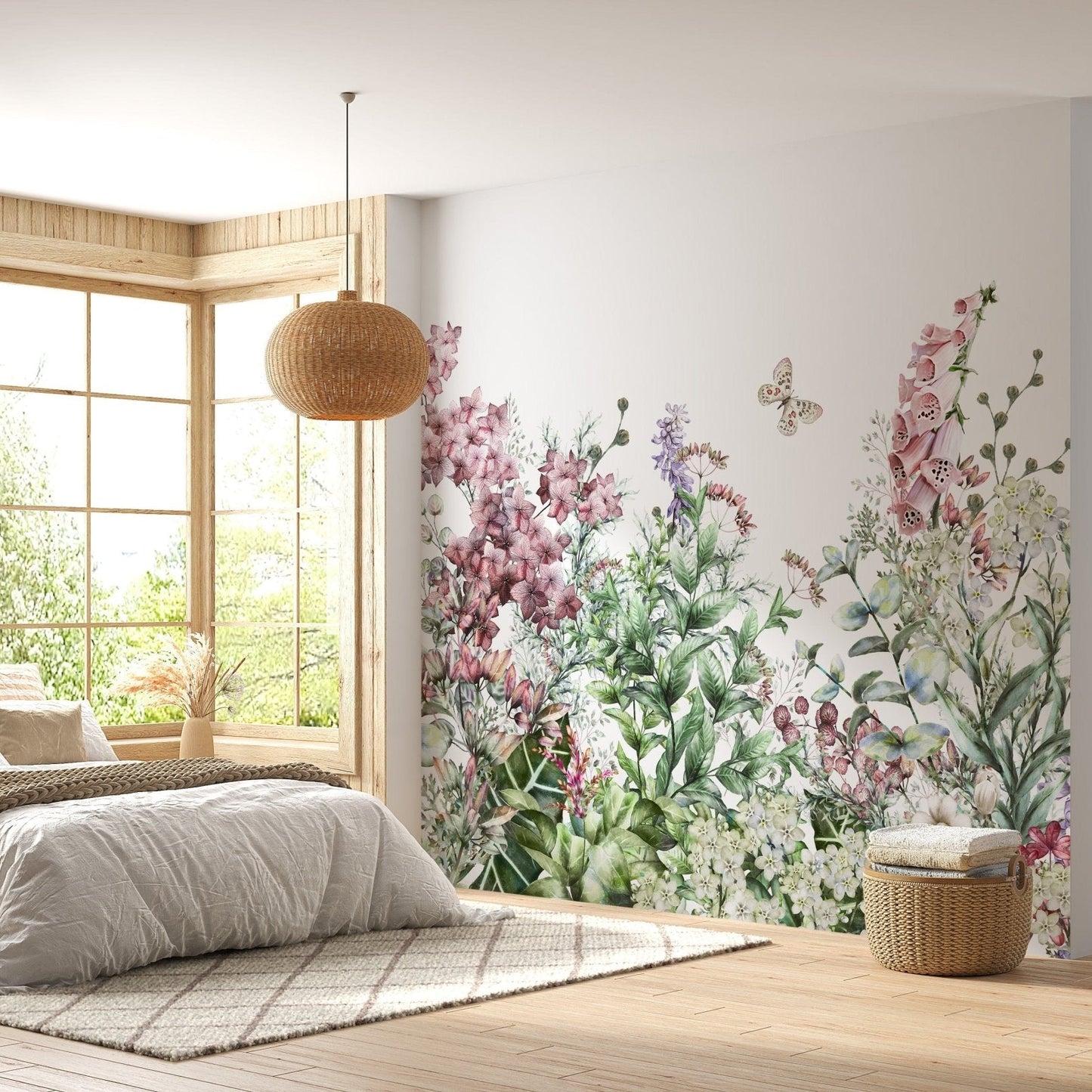 Botanical wallpaper mural with wildflowers and herbs A253