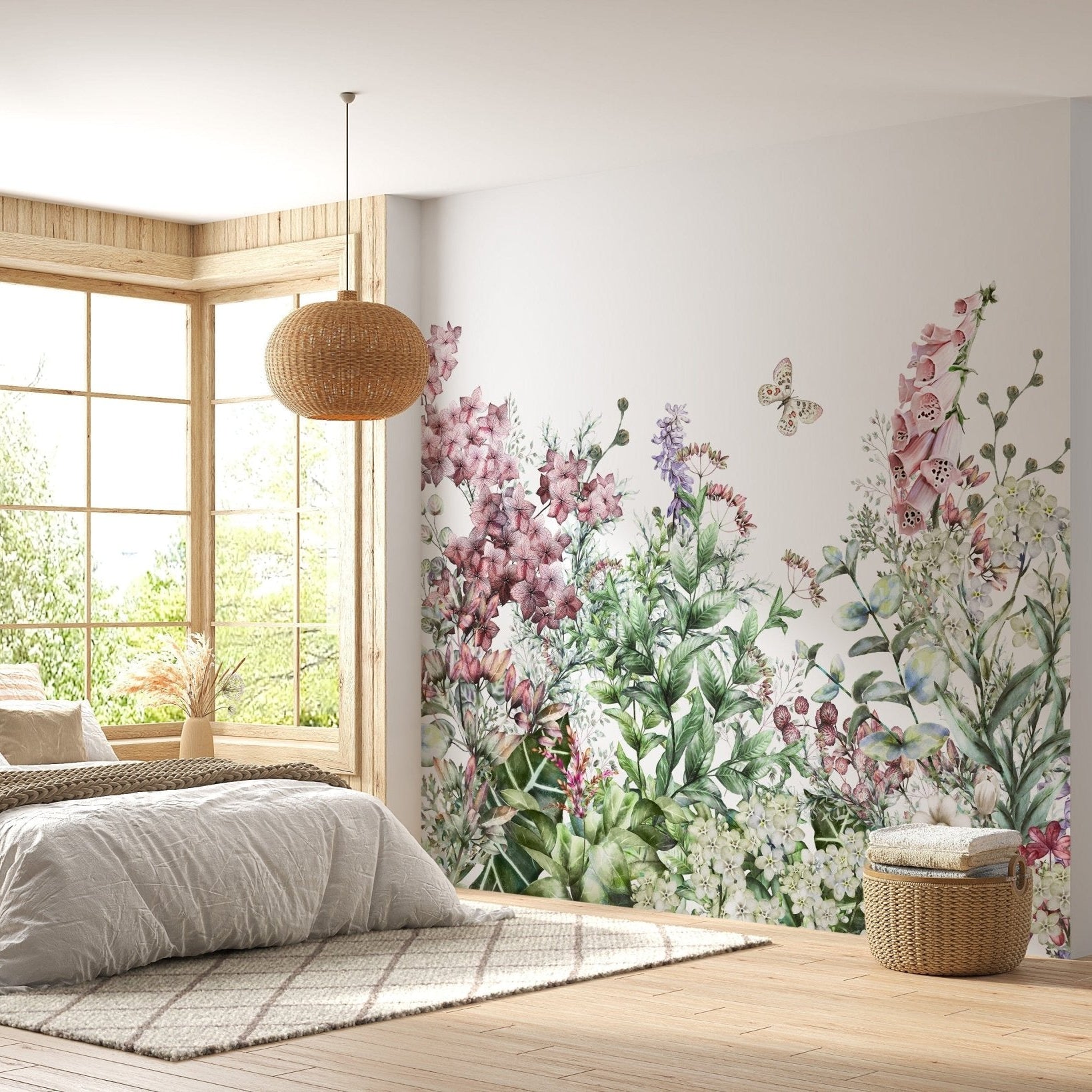 Botanical wallpaper mural with wildflowers and herbs A253