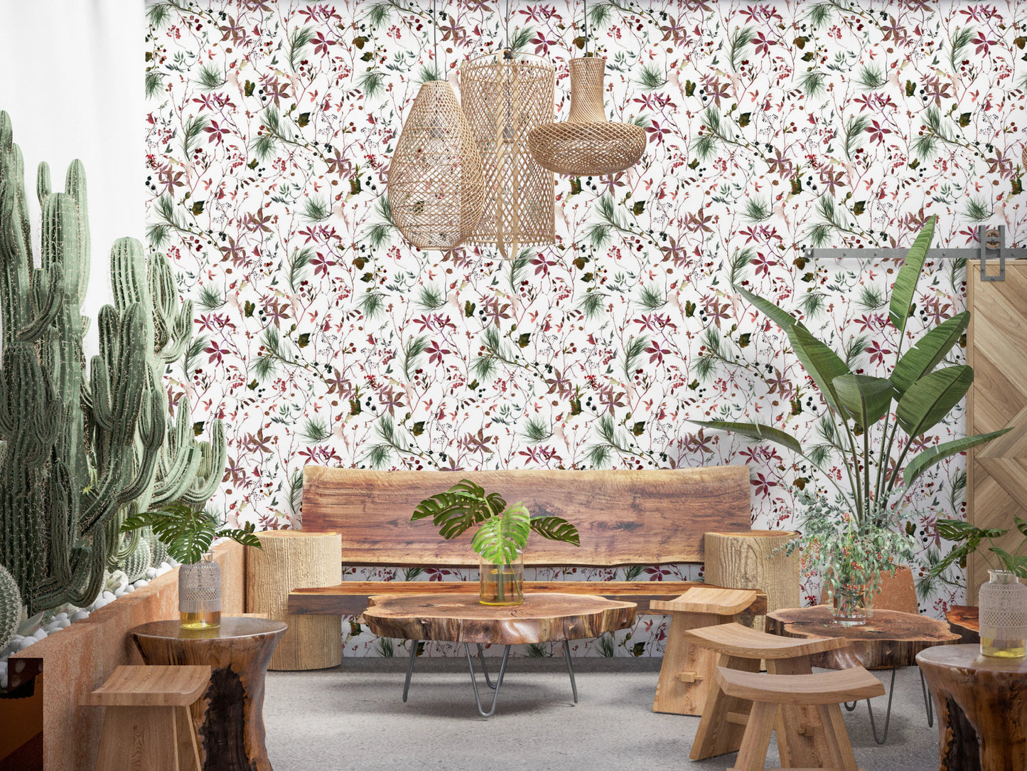Botanical winter pattern wallpaper with leaves