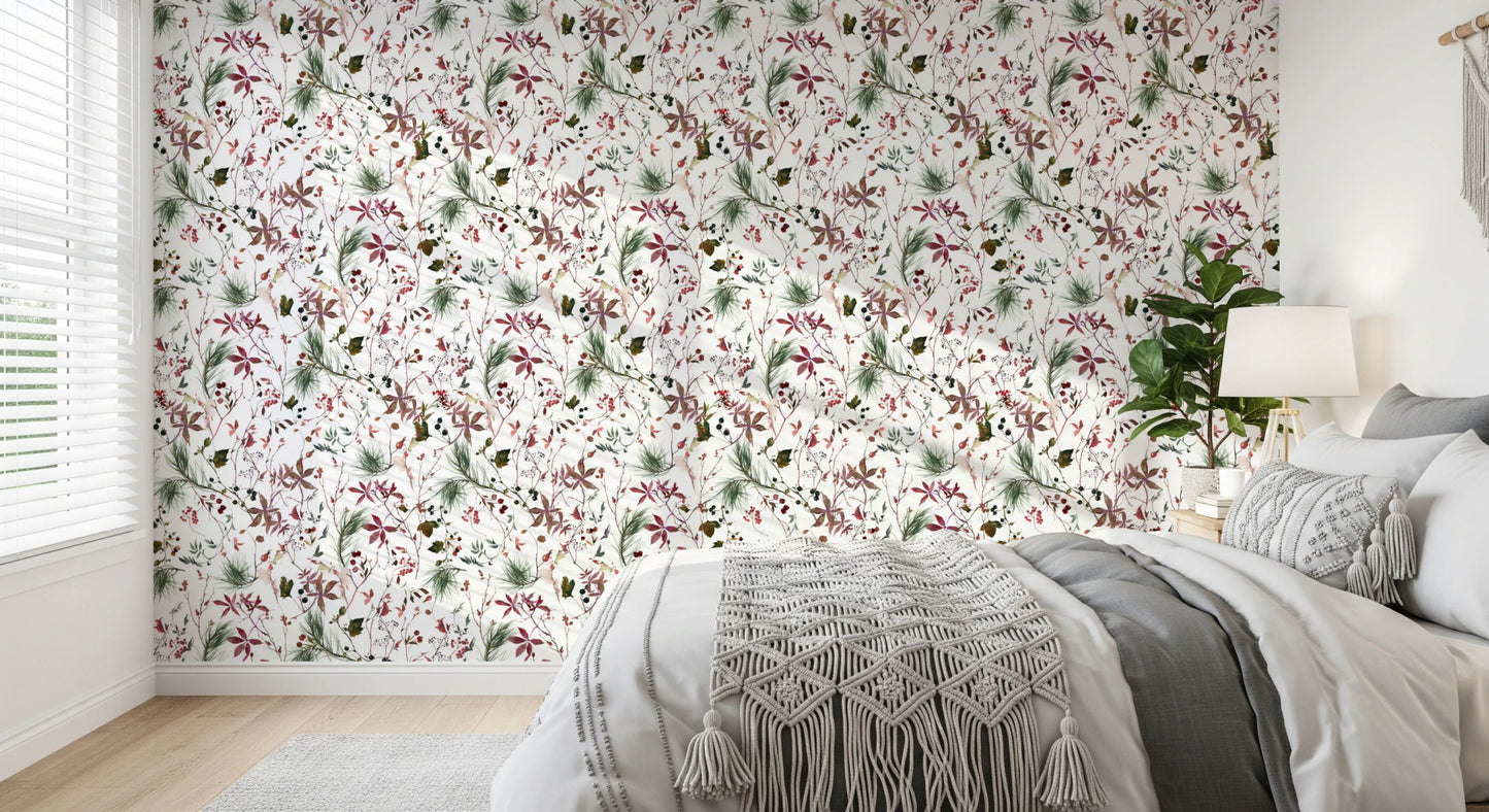 Floral pattern wallpaper with winter plants