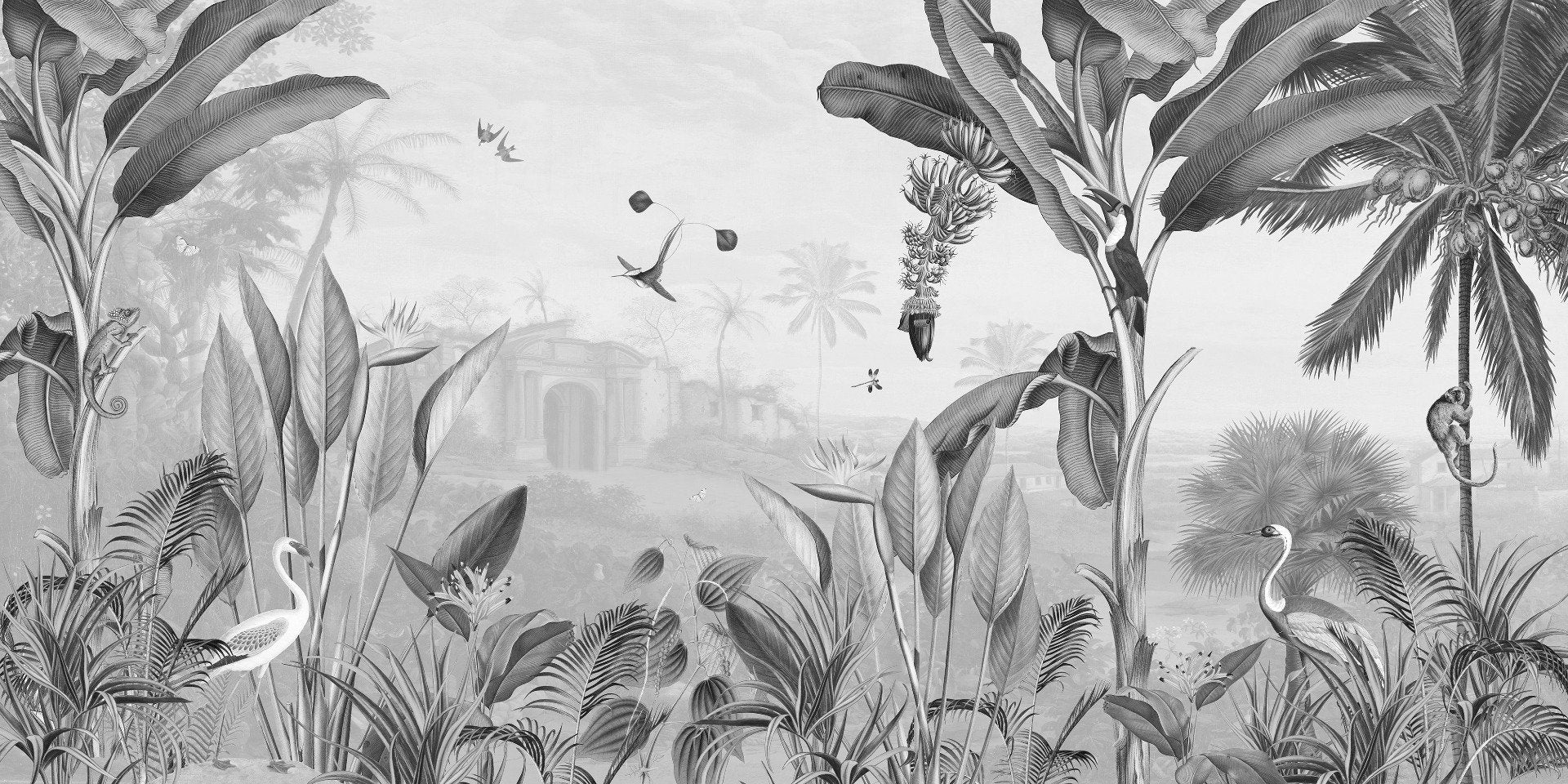 Monochrome Forest Mansion Wallpaper