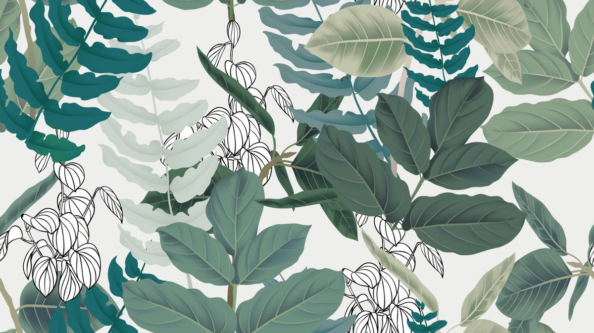 Abstract Green Leaves Wallpaper Mural in your room — zoomed