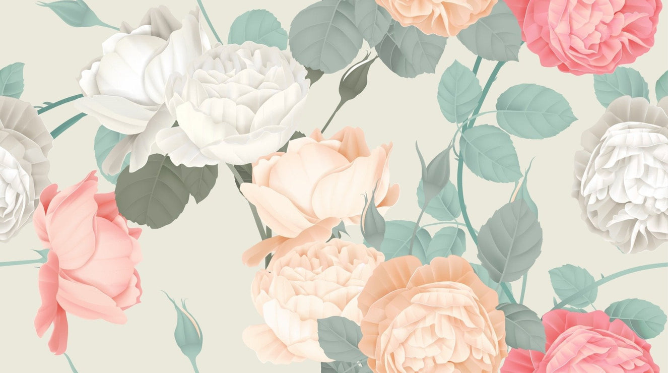 Pink & White Large Painted Roses Wallpaper Mural