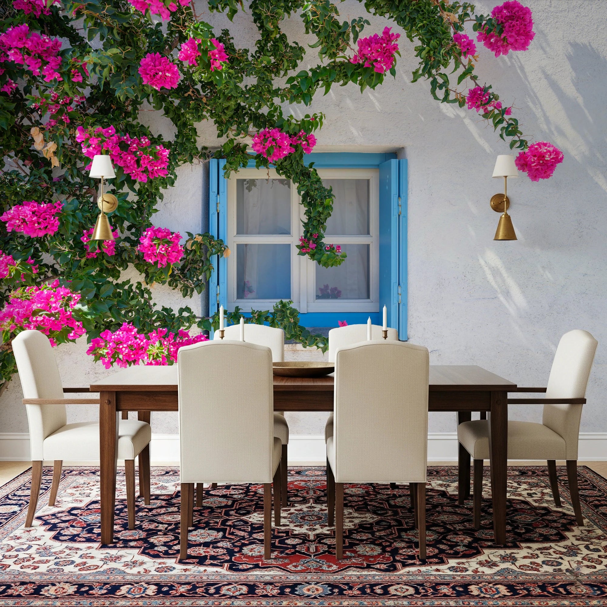 Dining room styled with Bougainvillea by Blue Window Wall Mural and floral vines, GD8345
