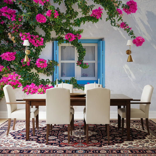 Dining room styled with Bougainvillea by Blue Window Wall Mural and floral vines