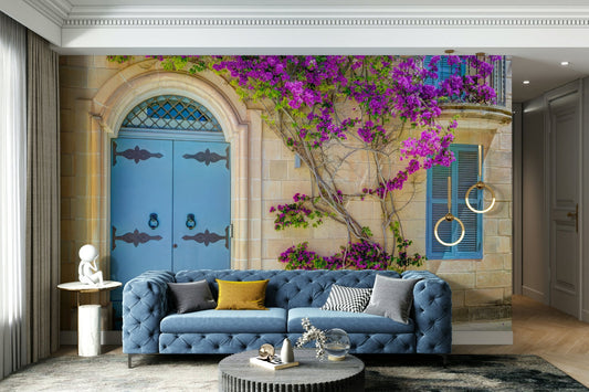 A detailed image of a wall mural featuring a rustic wooden door.


