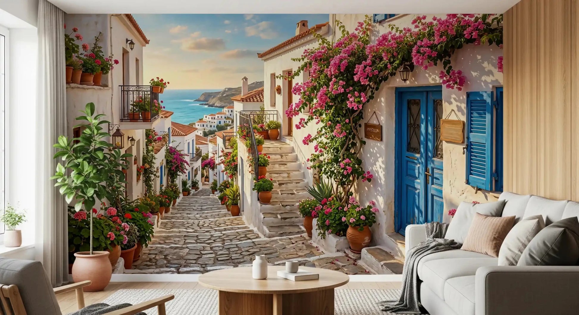 Living room with the vibrant Bougainvillea Steps to the Aegean Wall Mural focal point.