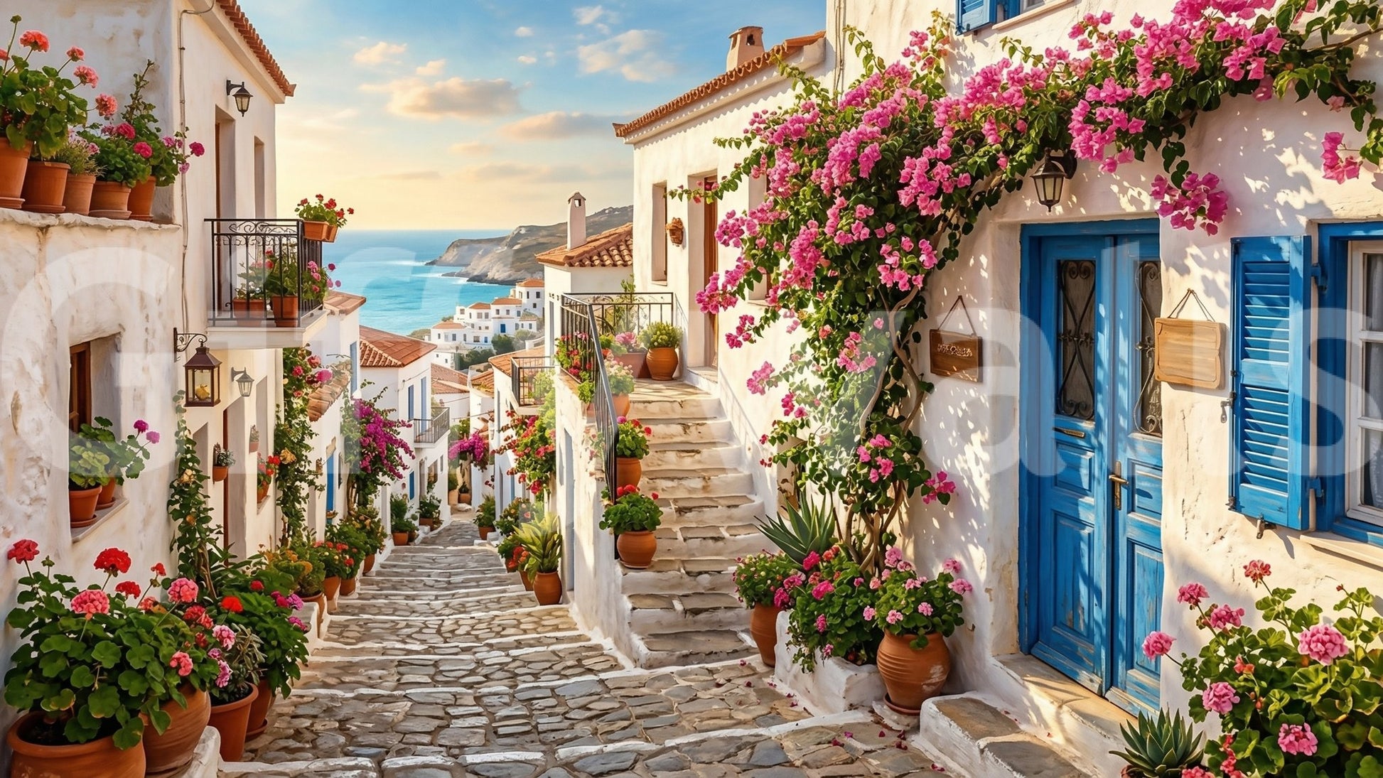 White architecture and blue doors on the Bougainvillea Steps to the Aegean Wall Mural.