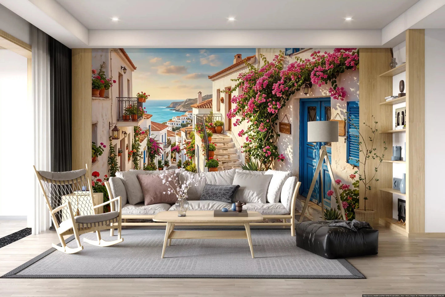 Modern living room space accented by the Bougainvillea Steps to the Aegean Wall Mural.