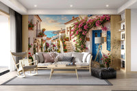 Modern living room space accented by the Bougainvillea Steps to the Aegean Wall Mural.
