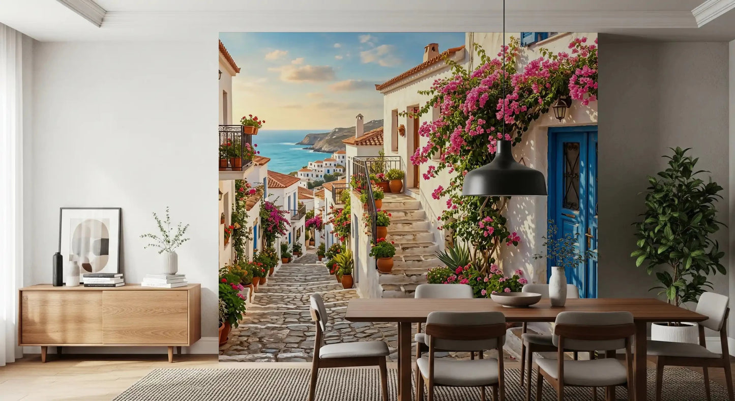 The Bougainvillea Steps to the Aegean Wall Mural shows a colorful coastal walkway.